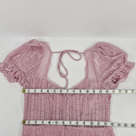 Urban Outfitters Roxie Lace Mini Dress Pink Sheer Puff Sleeve Fit Flare Size S - Picture 5 of 6